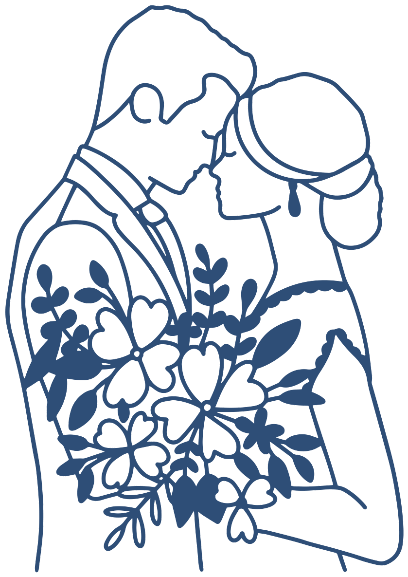 Ilustração em traço de um casal se abraçando com um buquê de flores
