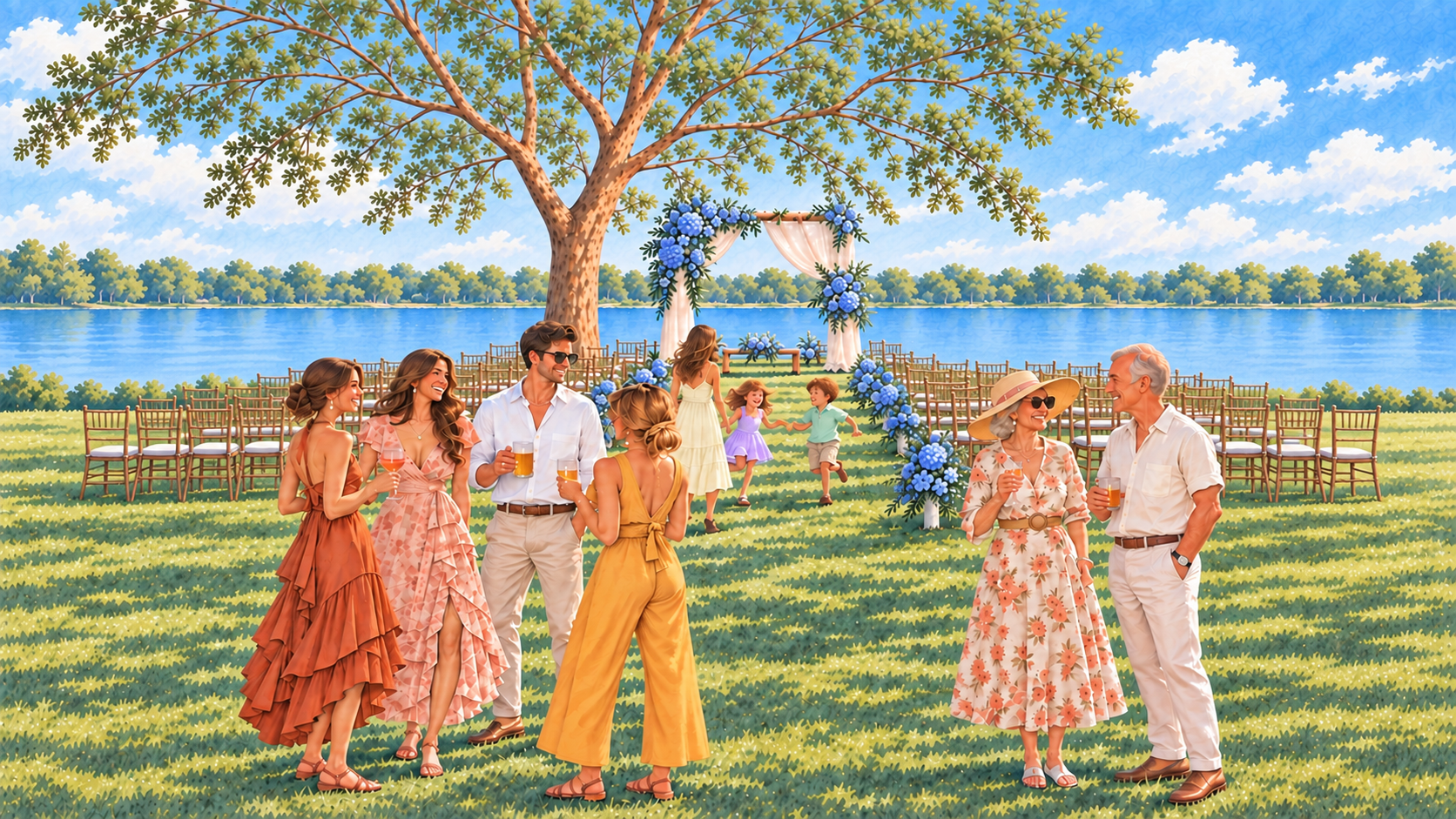 Cena em aquarela de convidados na Estância Dom Raul, com flores azuis no altar e pessoas de roupas leves e claras em um gramado à beira do lago