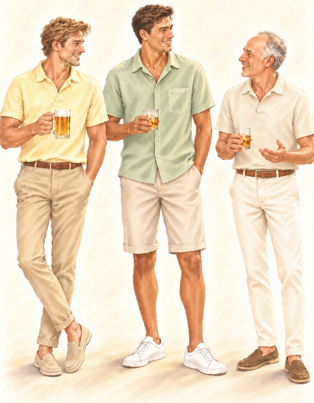 Ilustração de estilo aquarela com três convidados lado a lado, dois jovens e um senhor, em peças claras e fluidas, sobre fundo creme